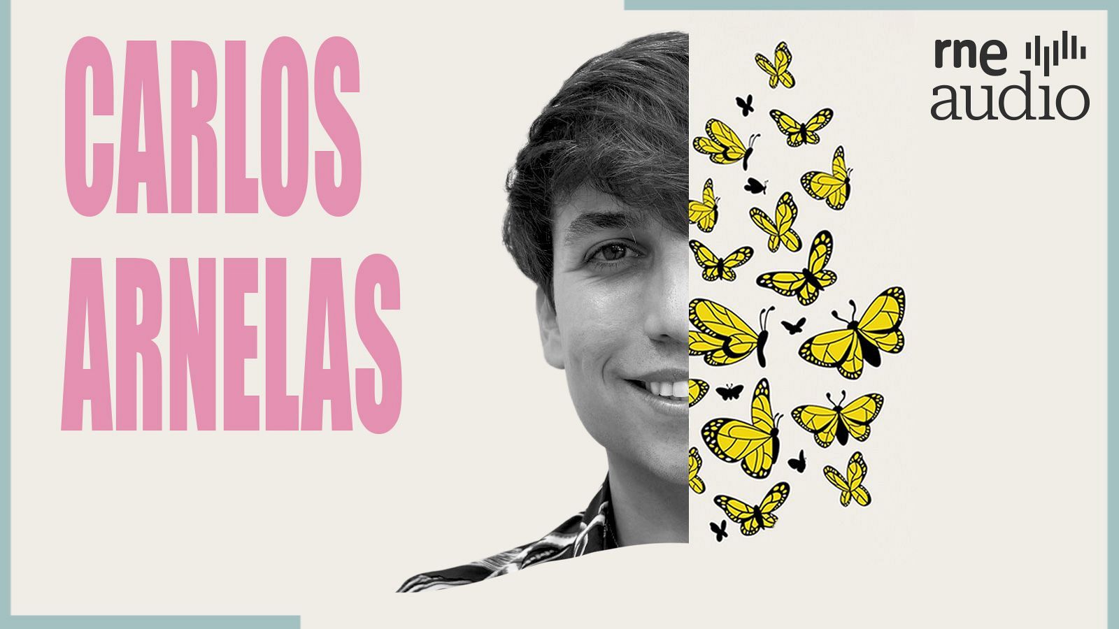 Un diseño publicitario para un programa de audio muestra el nombre de un locutor en letras rosas y su rostro en blanco y negro, adornado con mariposas amarillas.