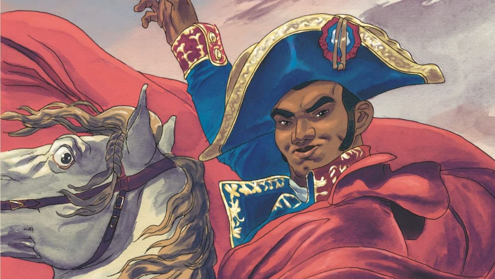 En la portada de un cómic, un hombre de piel oscura con uniforme azul y sombrero, monta a caballo. El personaje, con una capa roja ondeando, tiene una expresión seria.