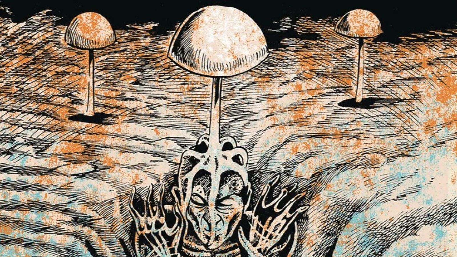 Una ilustración de estilo manga presenta una figura humanoide con un hongo creciendo desde su cabeza, con las manos alzadas. El fondo, con trazos lineales y colores limitados, sugiere un terreno irregular y una atmósfera surrealista.