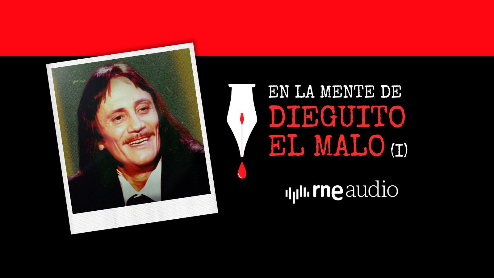 Un anuncio de radio presenta el retrato de un hombre sonriente en traje oscuro, con el título del programa en letras blancas y rojas sobre un fondo negro con una franja roja.