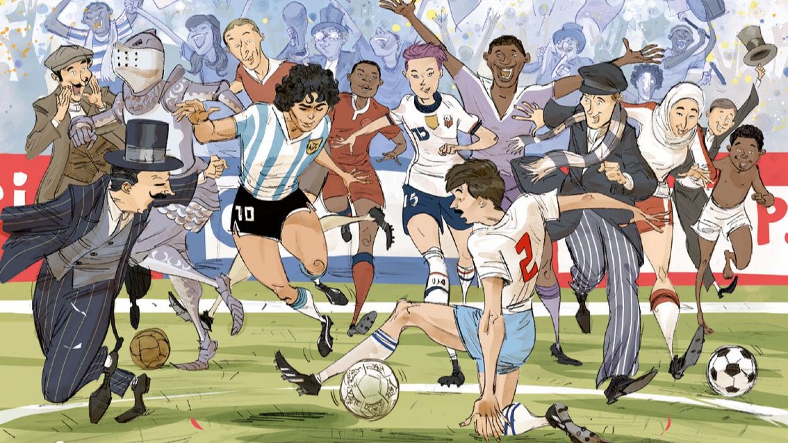 En la portada de un cómic, un partido de fútbol reúne a jugadores de diferentes épocas y estilos. Destacan un jugador argentino con el número 10 y una jugadora estadounidense con el número 15, en medio de una escena con personajes históricos y aficionados.