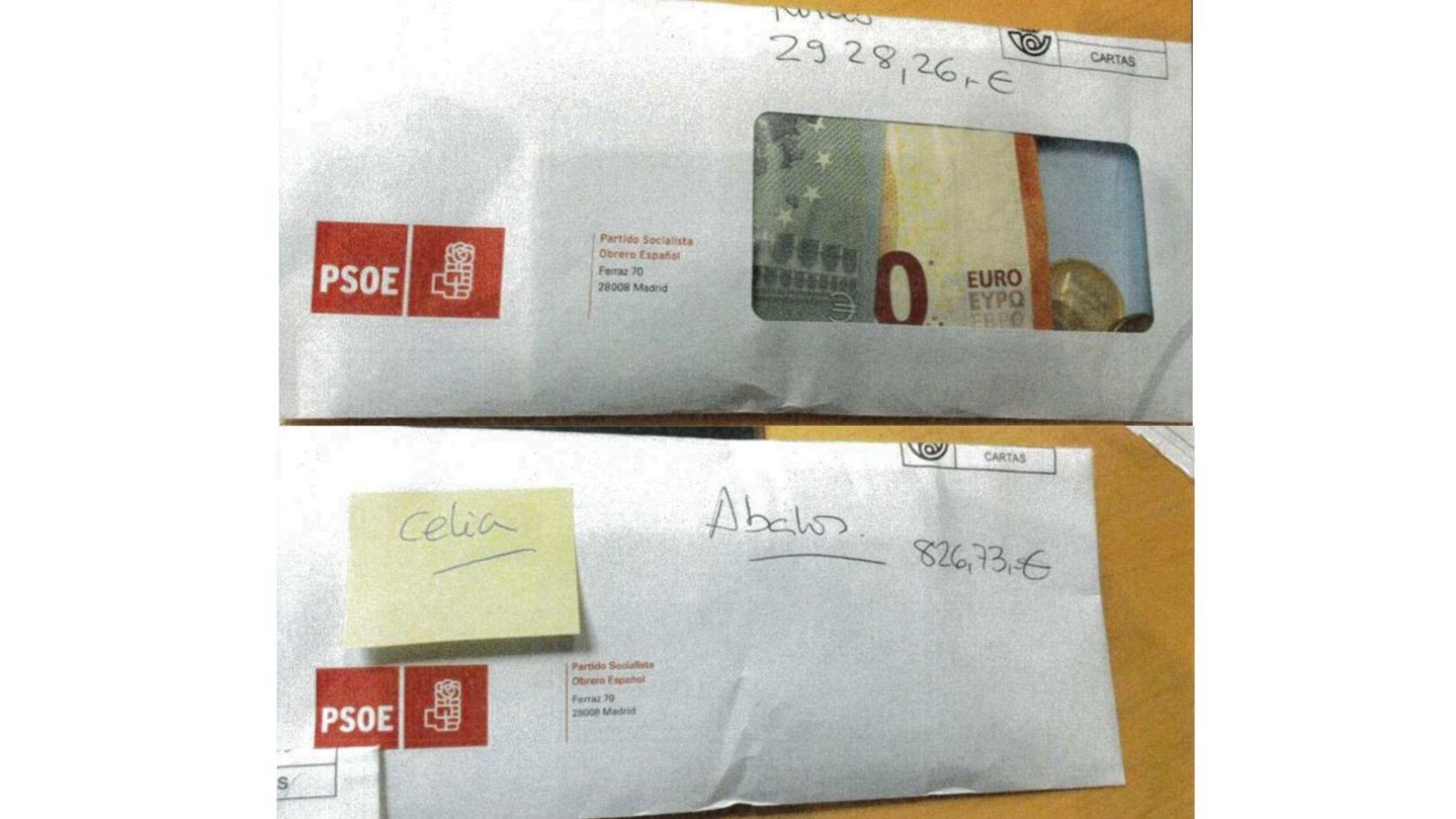 Captura del informe de la UCO sobre el patrimonio del exministro Ábalos que incluía fotos de sobres con el logo del PSOE y dinero en efectivo