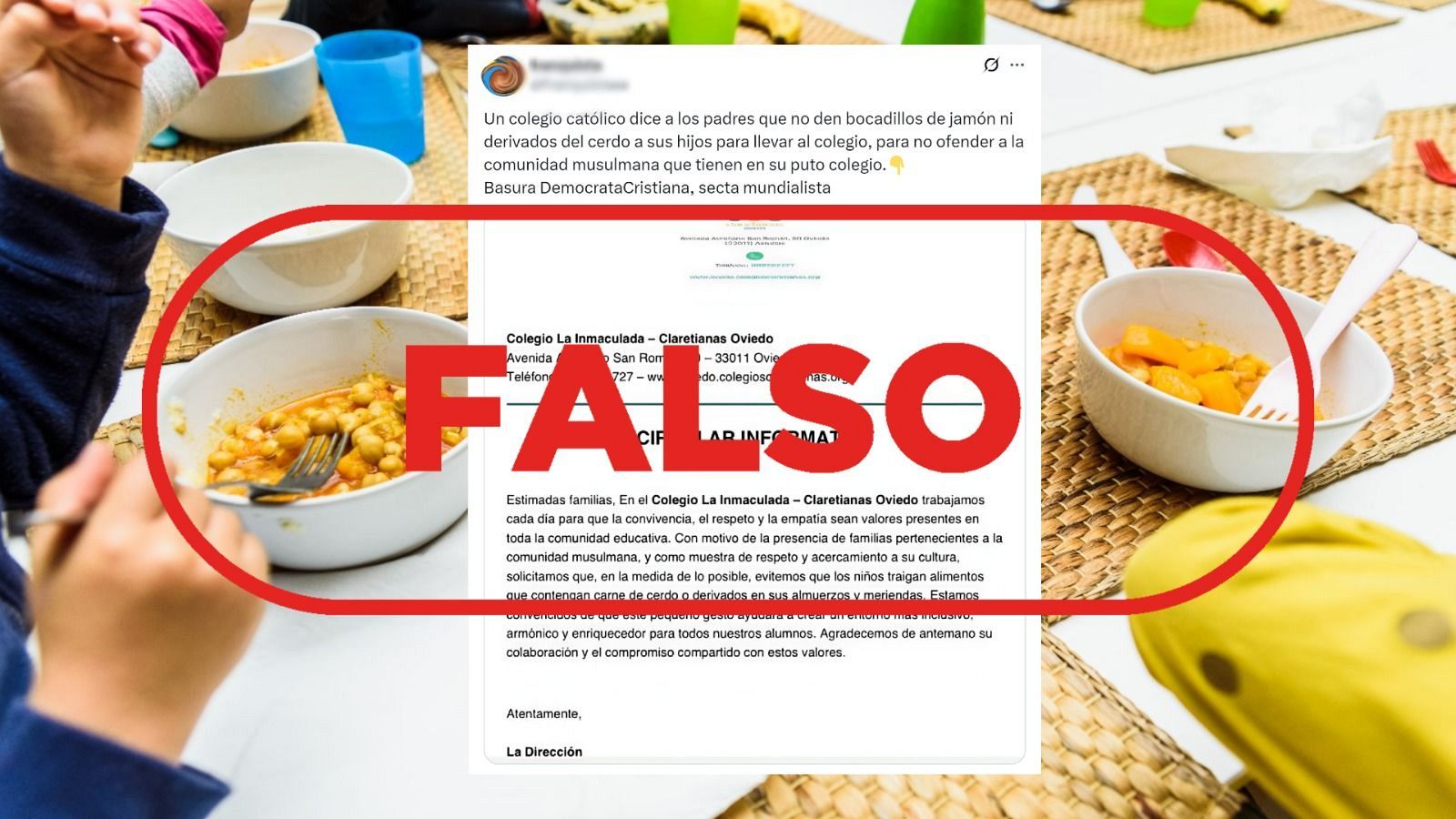 Este comunicado atribuido a un colegio de Oviedo que pide no llevar carne de cerdo a clase es falso