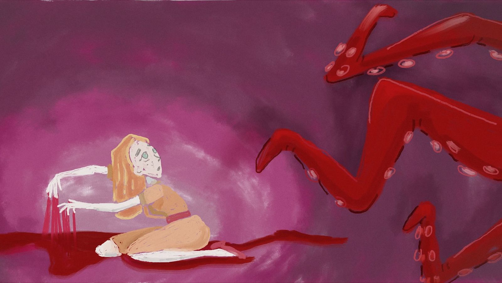 Una figura femenina con cabello rubio y traje ocre, sentada en el suelo, extiende sus manos hacia un charco de líquido rojo, mientras es amenazada por tentáculos rojos en un fondo púrpura.