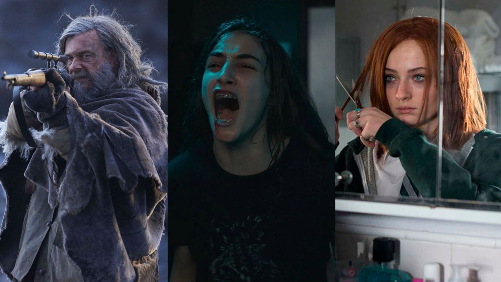 Tres fotogramas de películas de terror yuxtapuestos: un hombre con un arma, una joven gritando con terror y una mujer cortándose el pelo frente a un espejo, cada uno con una atmósfera distinta.