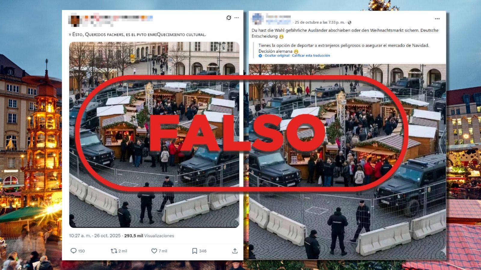 Esta imagen de un mercado navideño rodeado por policías es falsa, está hecha con IA