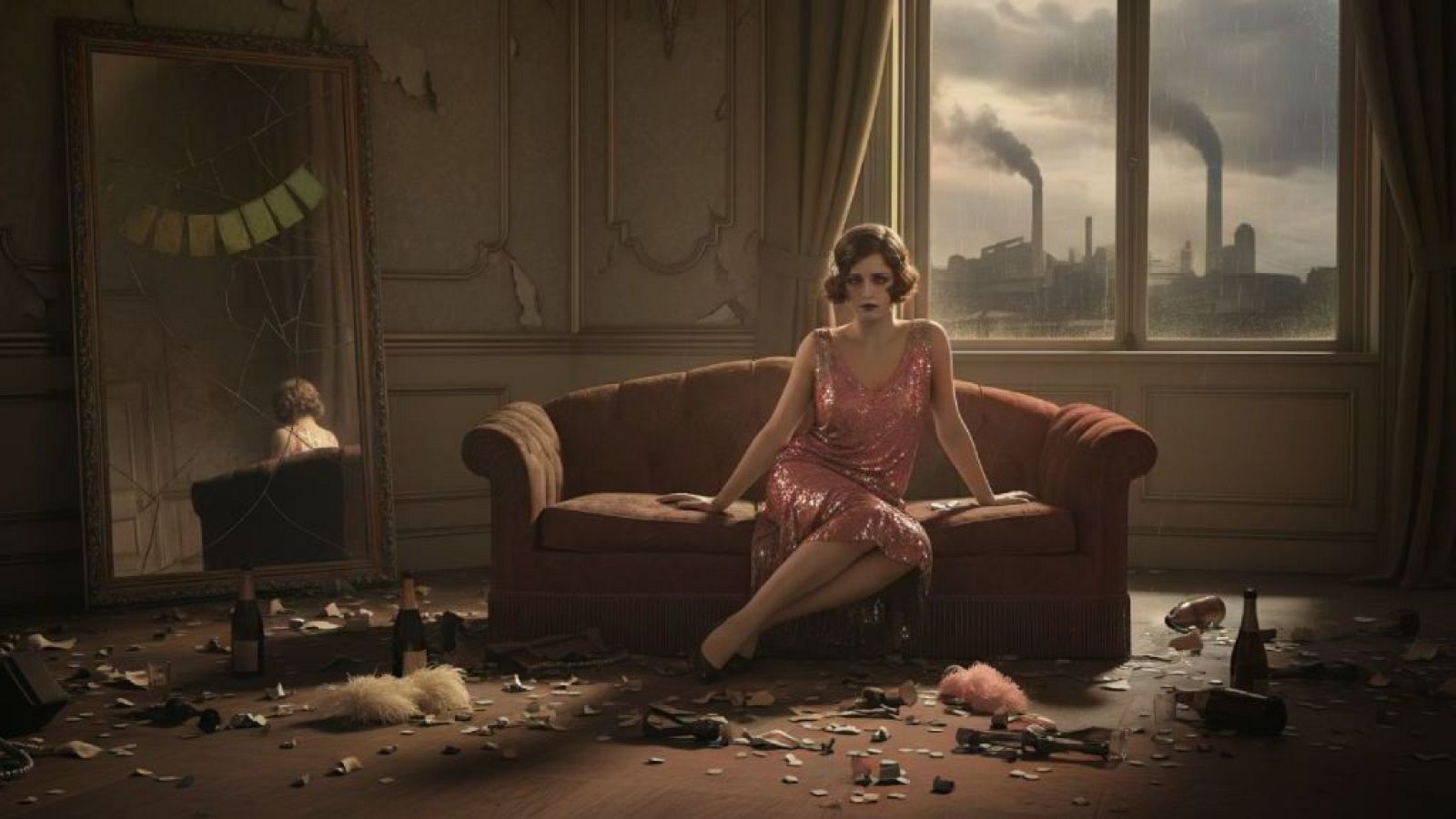 En una habitación decadente, una mujer con un vestido brillante y peinado de los años 20 se sienta en un sofá rojo, rodeada de confeti y botellas vacías, con una mirada melancólica.