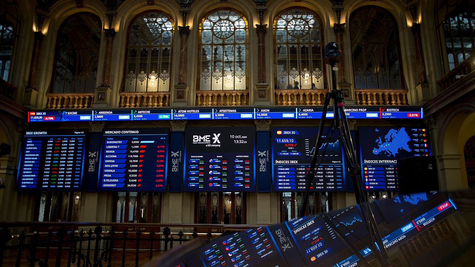 Un panel electrónico muestra datos del Ibex 35 y cotizaciones de empresas como Europastry, Endesa y Solaria, en un entorno con arquitectura clásica y grandes ventanales.