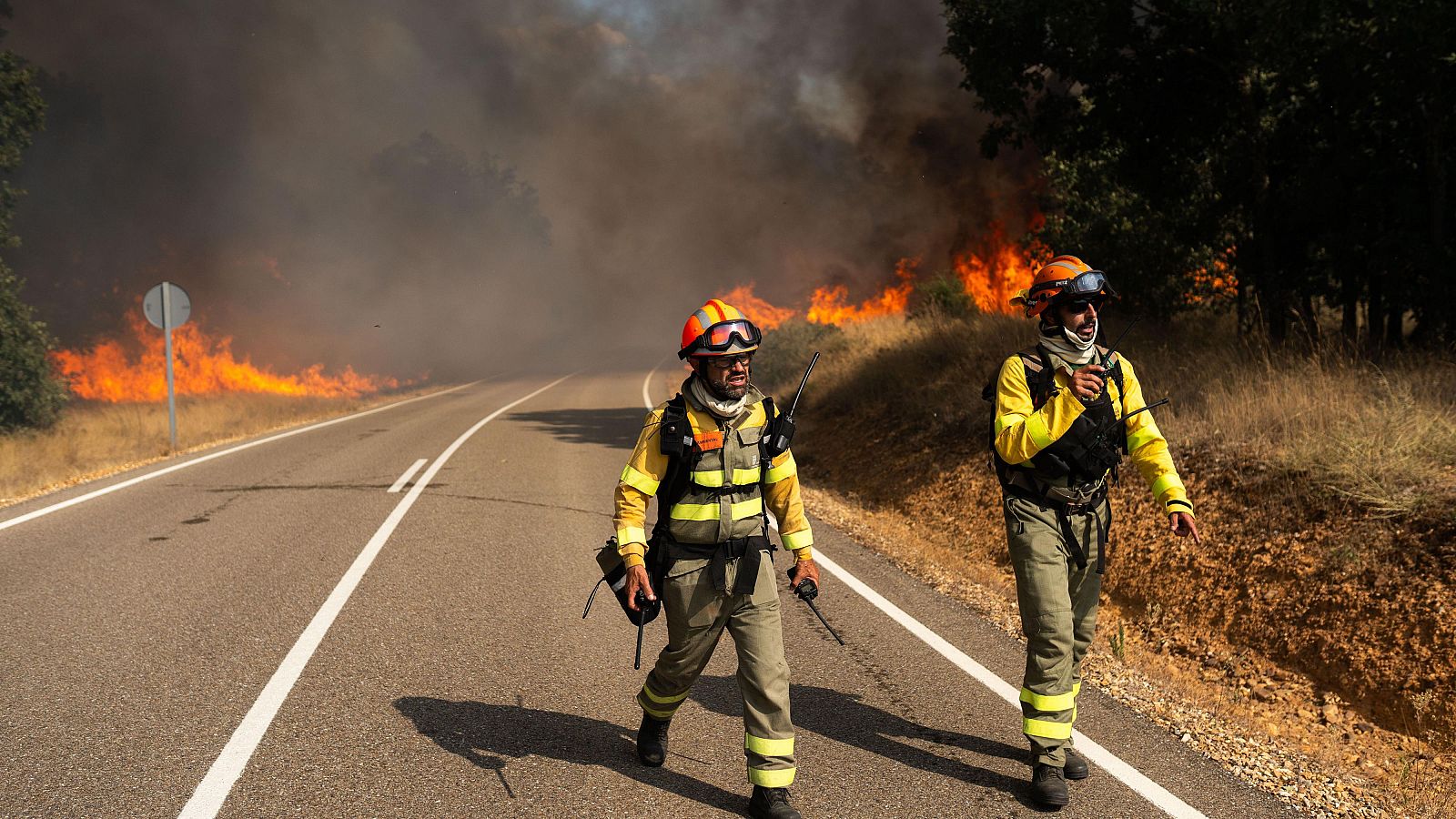 Bomberos trabajan para extinguir el incendio, a 10 de agosto de 2025, en Molezuelas de la Carballeda