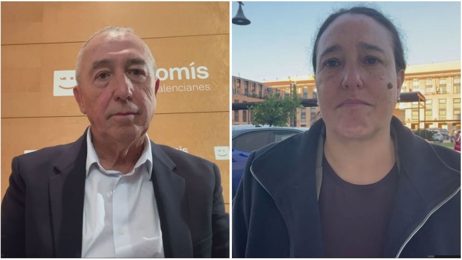 En una pantalla dividida, Joan Baldoví i Mariló Gradolí apareixen en una entrevista. Baldoví vesteix camisa blanca i jaqueta blava, mentre que Gradolí porta una jaqueta fosca, amb un edifici de maó al fons.