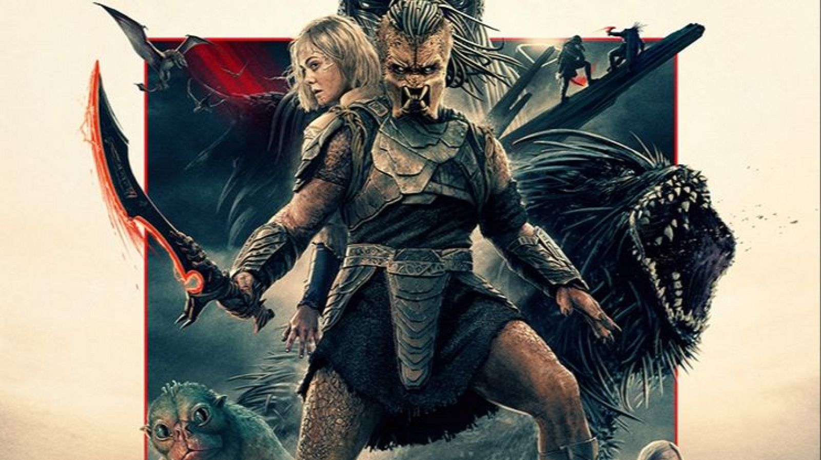 Un Predator con armadura y espada roja se enfrenta a diversas criaturas y humanos en un cartel de película, con un fondo que sugiere un entorno desértico y postapocalíptico.