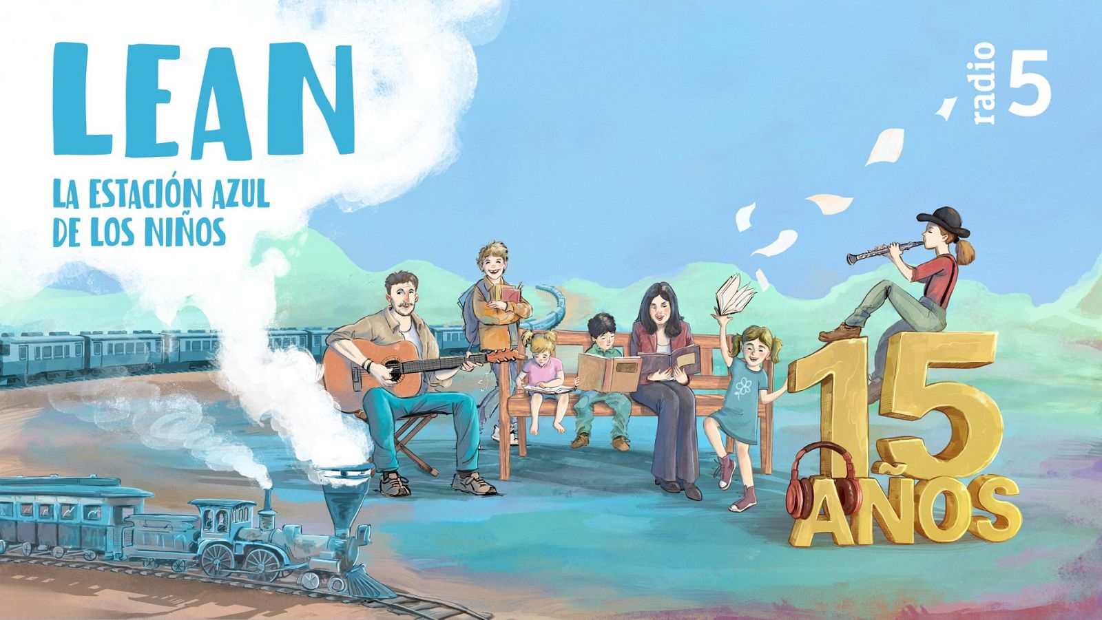 Una ilustración celebra el 15 aniversario de un programa infantil. Se observa un tren de juguete, un hombre tocando la guitarra, una familia leyendo y una niña con un instrumento musical sobre un número dorado.