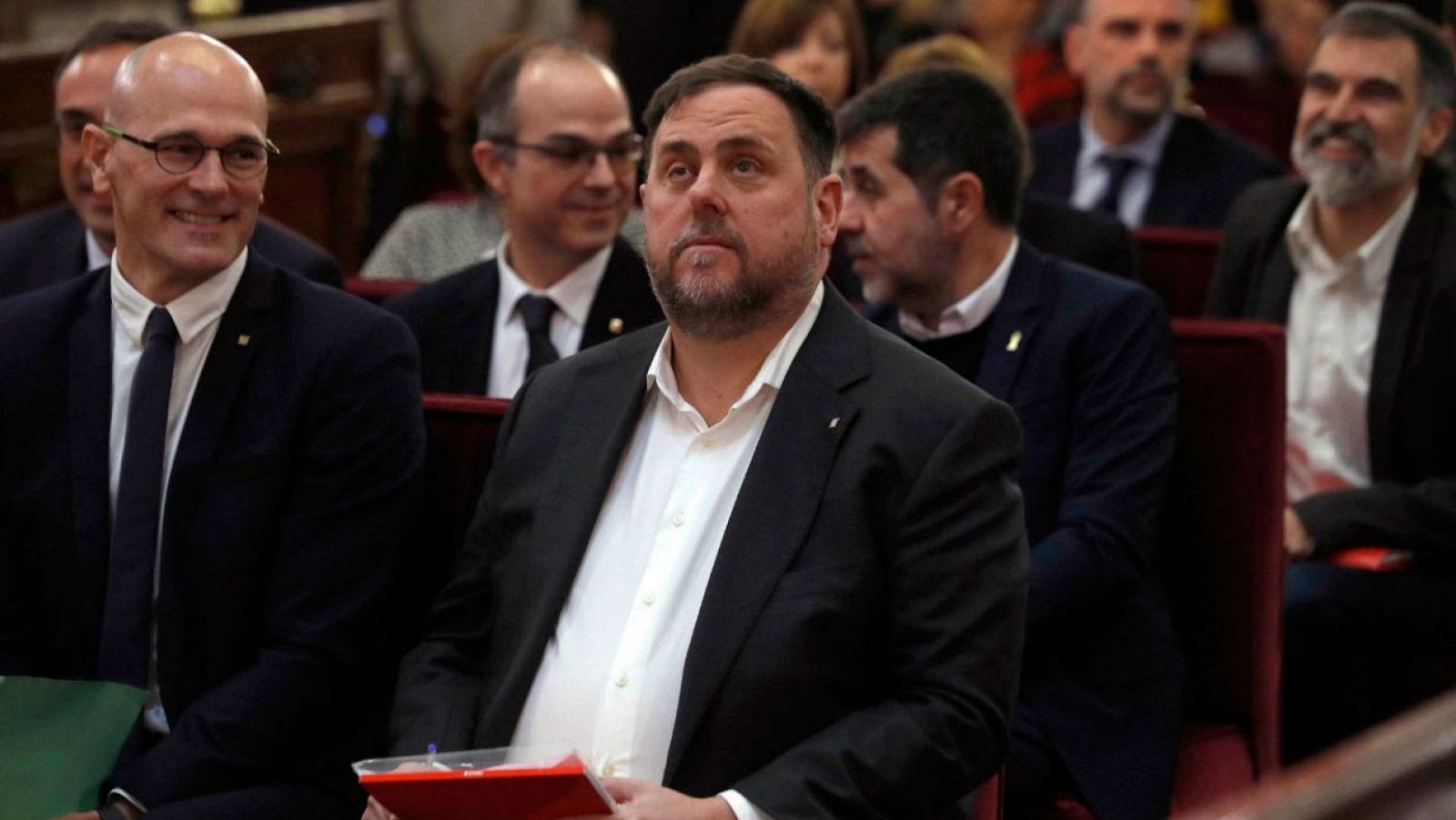 Imatge del judici del procés amb Oriol Junqueras i Raül Romeva en primer pla, i Jordi Turull i Jordi Sánchez al seu darrera