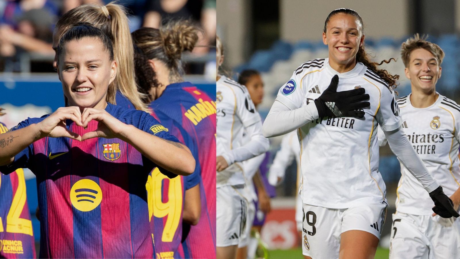 En la imagen, dos jugadoras de fútbol celebran goles. Una, con la camiseta azulgrana y el número 9, forma un corazón con las manos. La otra, con equipación blanca, celebra con el puño cerrado, acompañada por otra compañera.