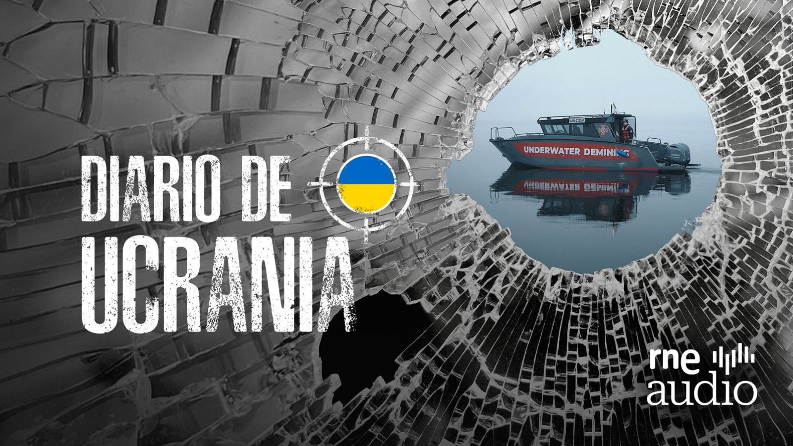 La imagen muestra un barco en el agua con la inscripción "Underwater Demining", sugiriendo su labor en el desminado subacuático, con una simulación de cristales rotos en primer plano y elementos gráficos relacionados con Ucrania.