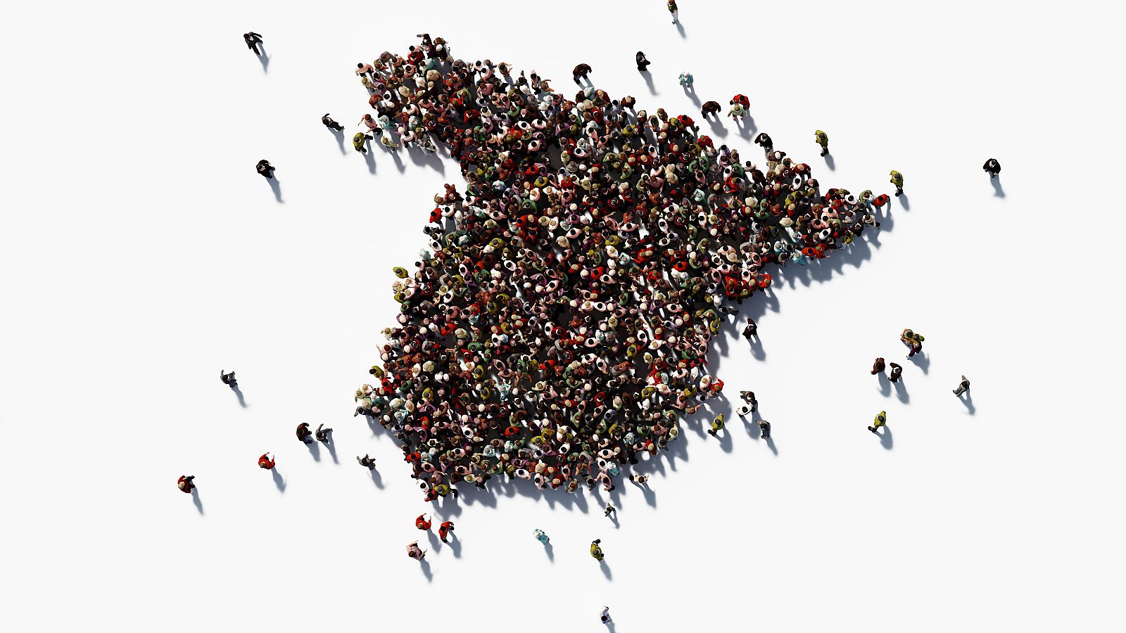 Una imagen tridimensional del mapa de España, construido con figuras humanas, ilustra visualmente datos sobre empleo, desempleo, mortalidad y fertilidad, en un contexto de población récord.