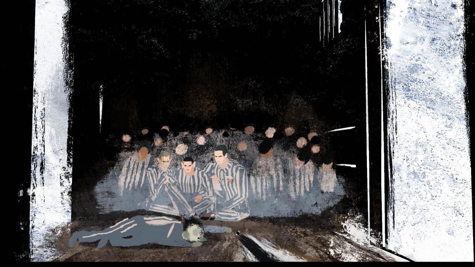 Un fotograma muestra una escena sombría con un cuerpo tendido en primer plano y un grupo de personas con uniformes a rayas en el fondo, sugiriendo un ambiente opresivo y de sufrimiento.