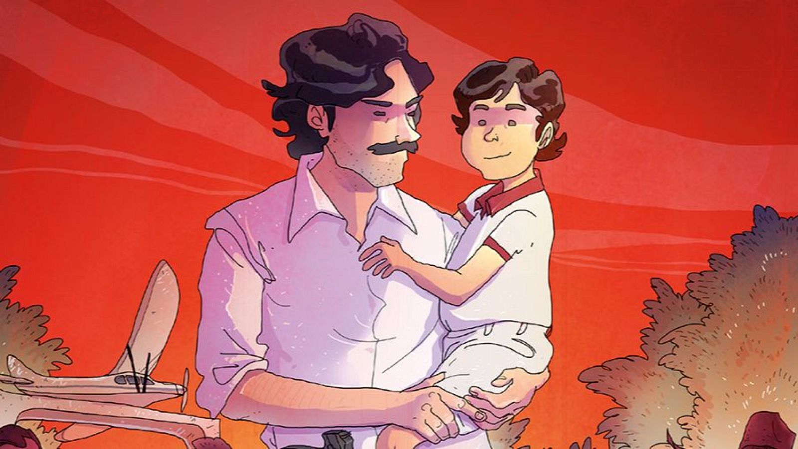 En la portada de un cómic, un hombre con bigote y camisa blanca abraza a un niño, también con camisa blanca y pantalones cortos. Un cielo rojizo con rayos de sol y un avión pequeño completan la escena.