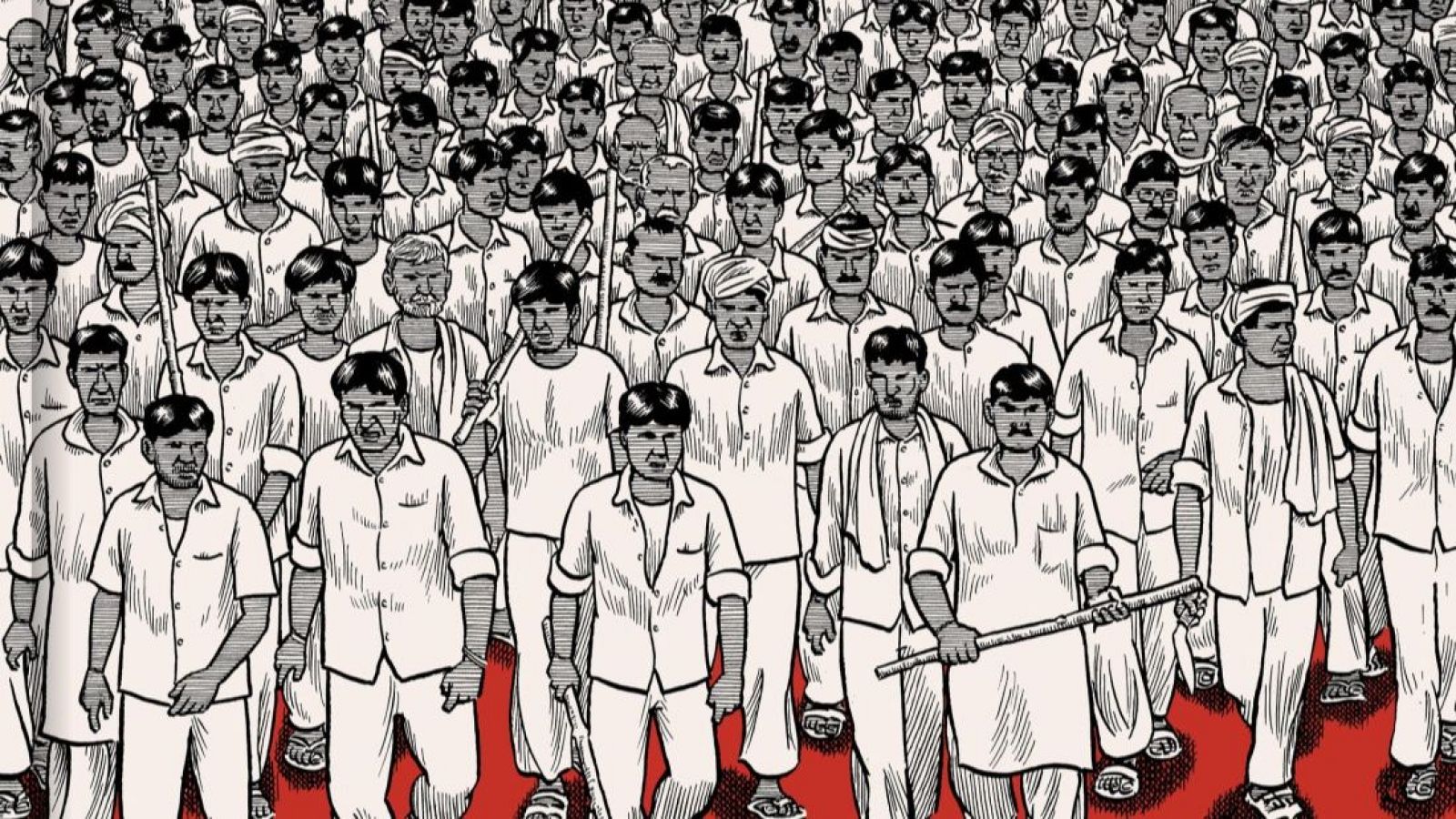 Ilustración en blanco y negro con detalles en rojo que muestra una multitud de personas con vestimenta sencilla y expresiones serias, algunas con turbantes y bastones, sobre un fondo rojo.
