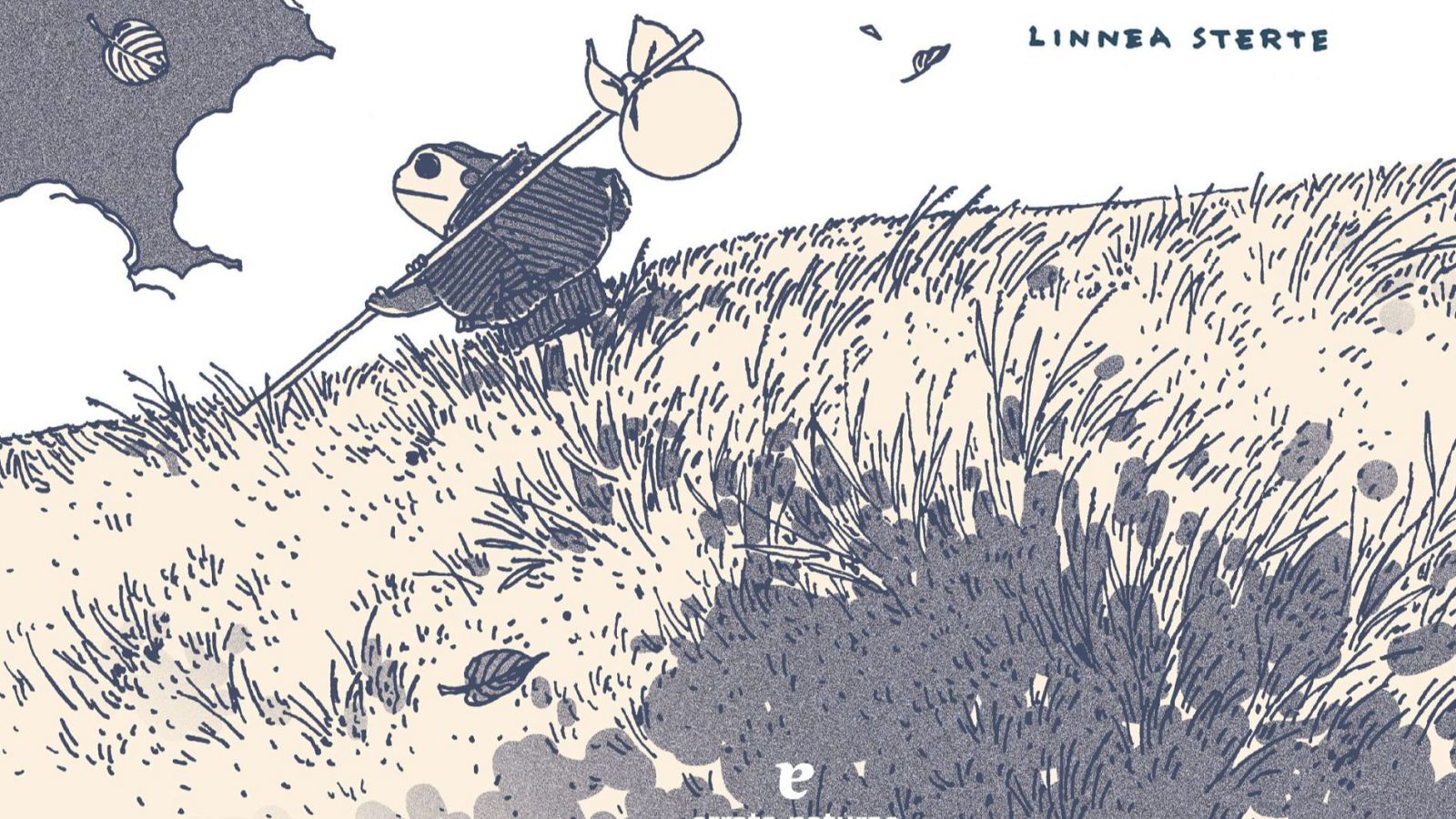 En la portada de un cómic, una rana con abrigo a rayas camina por un campo de hierba alta, llevando un hatillo. El cielo nublado y una hoja cayendo complementan la escena, con el nombre de la autora en la parte superior.