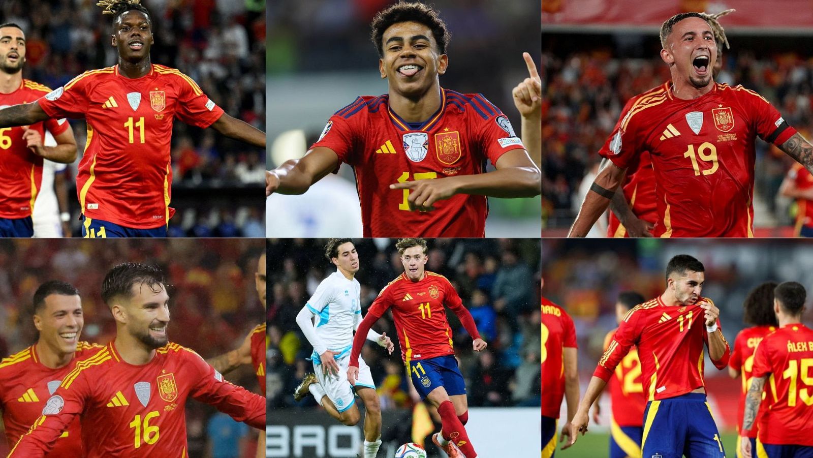 Un collage de seis imágenes muestra a jugadores de fútbol con la equipación roja, celebrando y mostrando diferentes expresiones. Destacan los números 11, 19 y 16 en las camisetas.