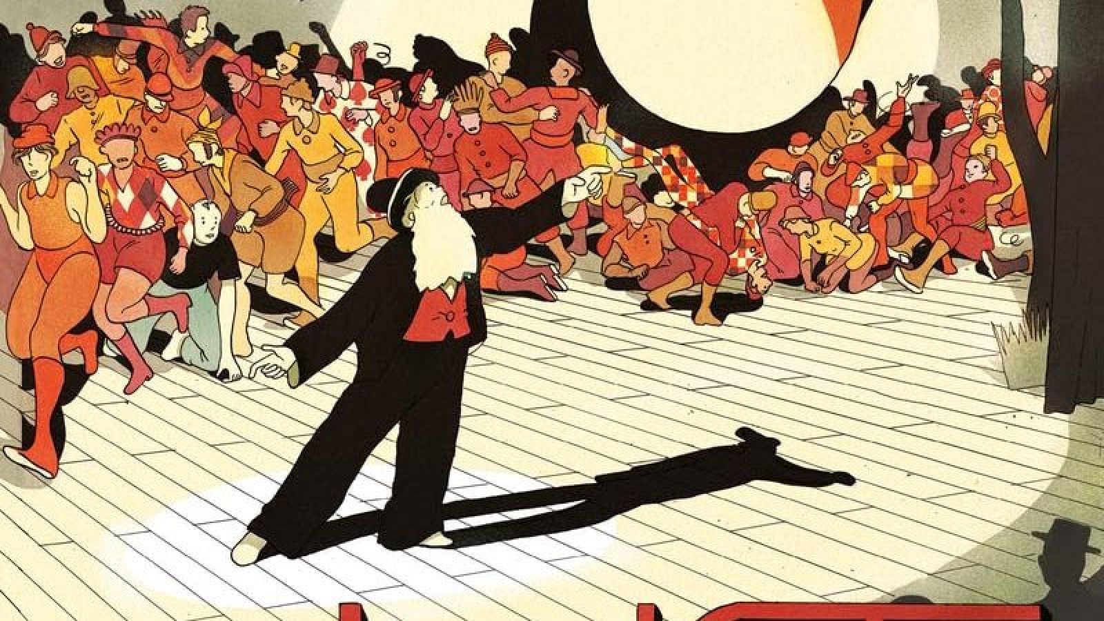 Portada de cómic con una multitud de figuras en tonos rojos y amarillos reunidas en un escenario de madera. Un hombre con barba y traje negro gesticula en primer plano, posiblemente dirigiendo algo.