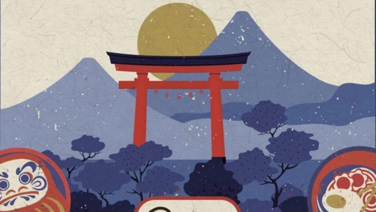 Un paisaje japonés estilizado muestra una puerta Torii roja frente a montañas azules nevadas, con un sol brillante. A los lados, se aprecian un muñeco Daruma y un plato de ramen, sobre un fondo texturizado.