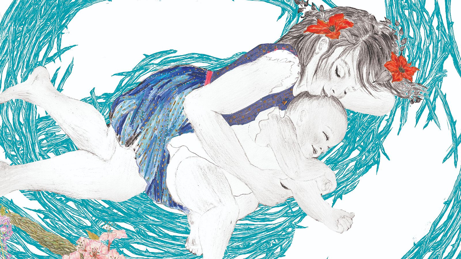 Una mujer con flores en el cabello y un vestido azul, identificada como Kiera Knightley, sostiene a un bebé en un entorno natural y onírico, con trazos azules de fondo.