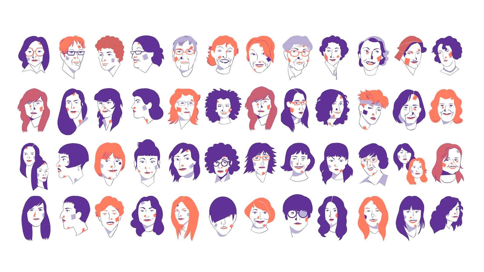 Ilustración de Carla Berrocal que muestra una colección de rostros femeninos con diferentes peinados y expresiones, destacando la diversidad de los personajes. Es una obra de cómic español.