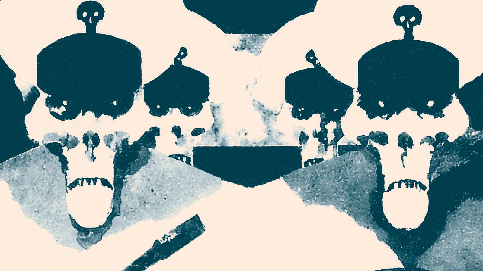 Diseño gráfico en blanco y negro con cráneos estilizados, cada uno con sombrero y calavera, mostrando cuencas vacías y bocas abiertas, creando un patrón repetitivo y contrastado.