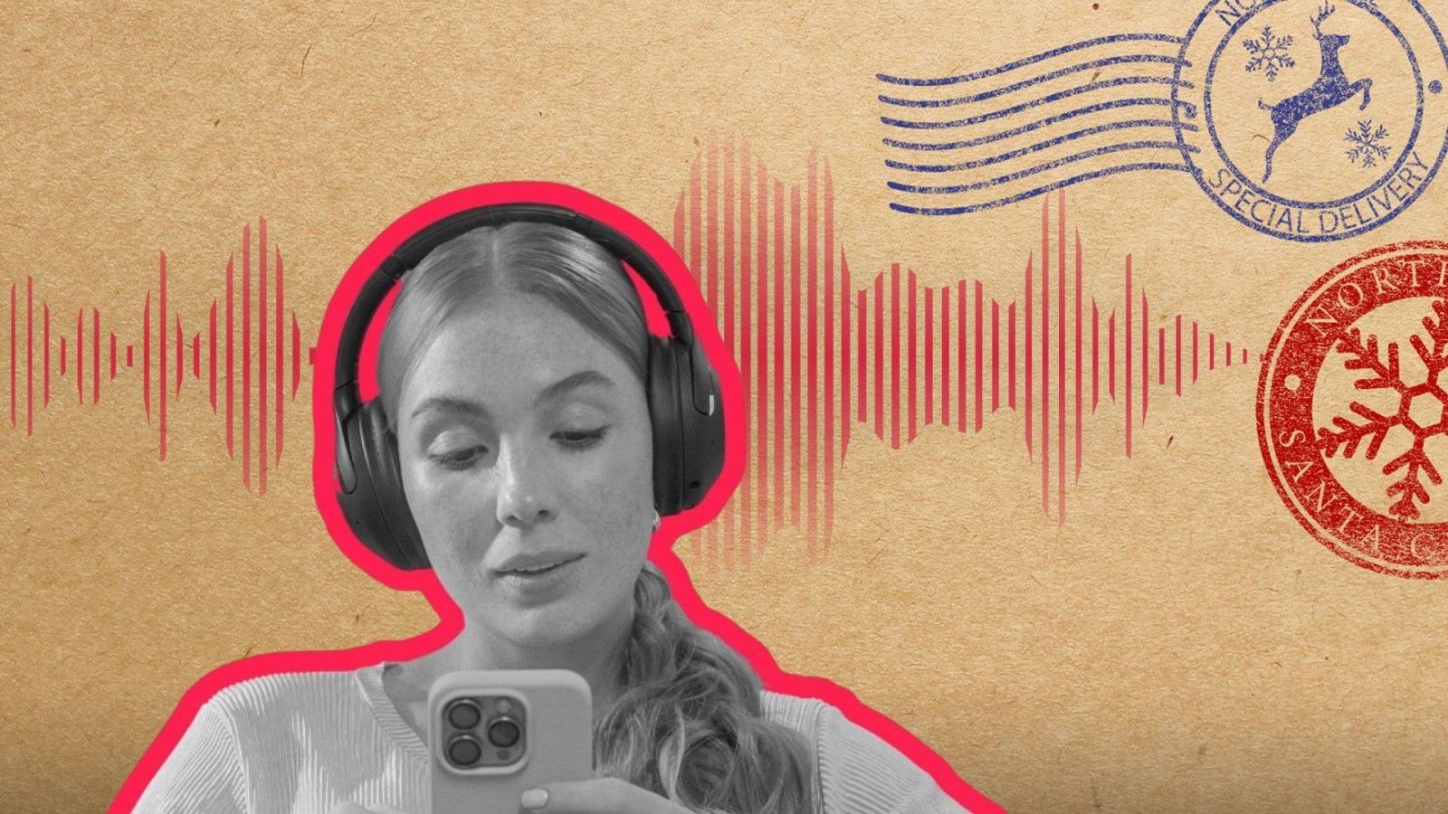 Una mujer rubia con auriculares observa su teléfono móvil. Detrás de ella, se distingue una forma de onda roja y dos sellos postales navideños con motivos festivos y leyendas.