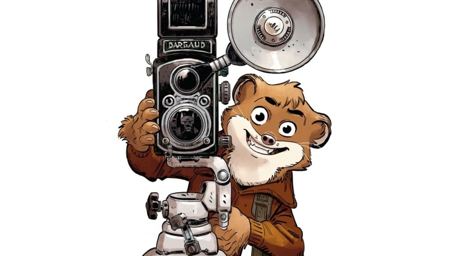 Un personaje con rasgos de nutria, sonriente, posa con una cámara de fuelle sobre un trípode. La cámara, con la marca "DARGAUD", tiene un flash adjunto y el personaje viste una chaqueta marrón.