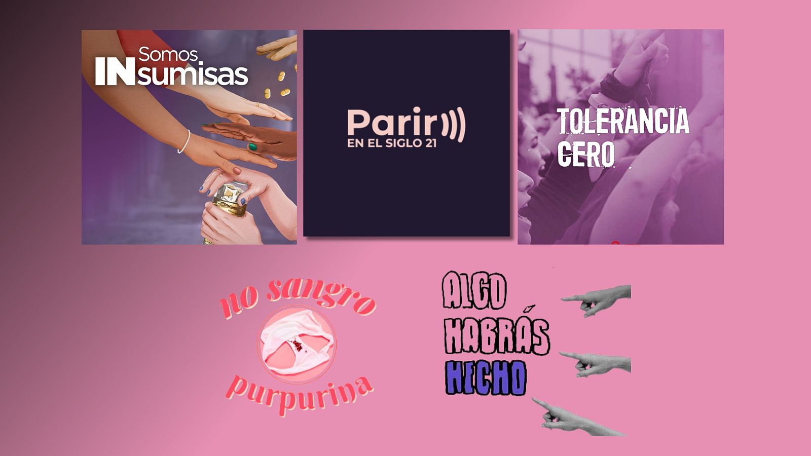 La imagen muestra una serie de diseños promocionales para podcasts, cada uno con un título diferente y elementos visuales distintivos, posiblemente relacionados con temas de género y derechos.