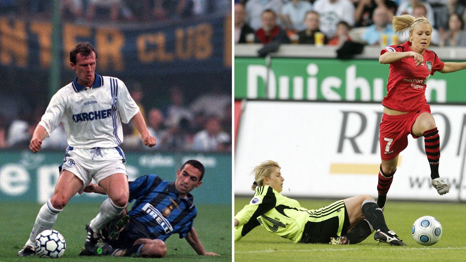 Fotocomposición de las finales de la Copa de la UEFA Inter - Shalke (izquierda) y Duisburgo - Zvezda; la masculina de 1997 y la femenina de 2009, respectivamente.