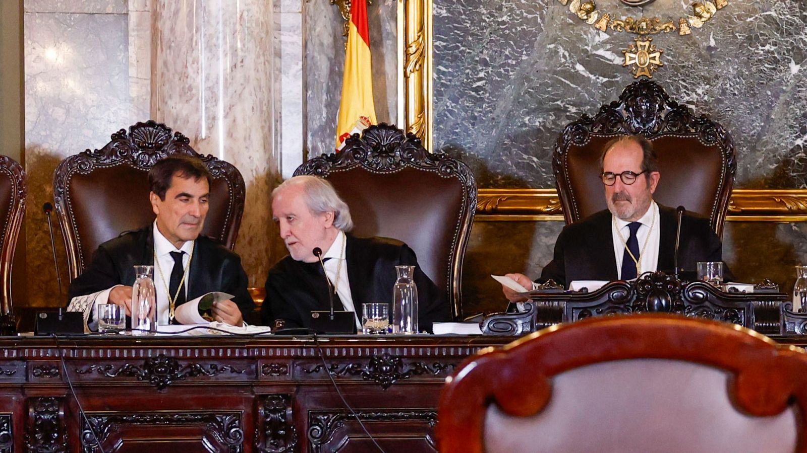 Los magistrados del Tribunal supremo Antonio del Moral, Juan Ramón Berdugo y, Andrés Martínez Arrieta, durante el juicio contra el fiscal general del Estado, Álvaro García Ortiz.
