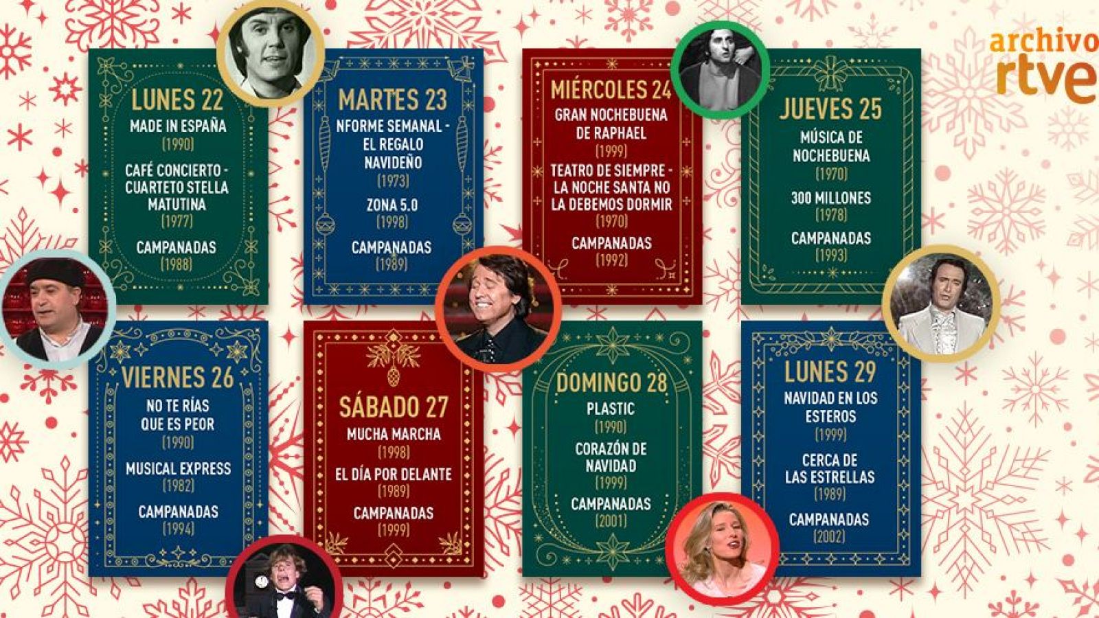 Un calendario navideño de RTVE Play Archivo detalla la programación especial de la semana del 22 al 29 de diciembre, incluyendo programas y las Campanadas de varios años, con un diseño festivo y el logo de Archivo RTVE.