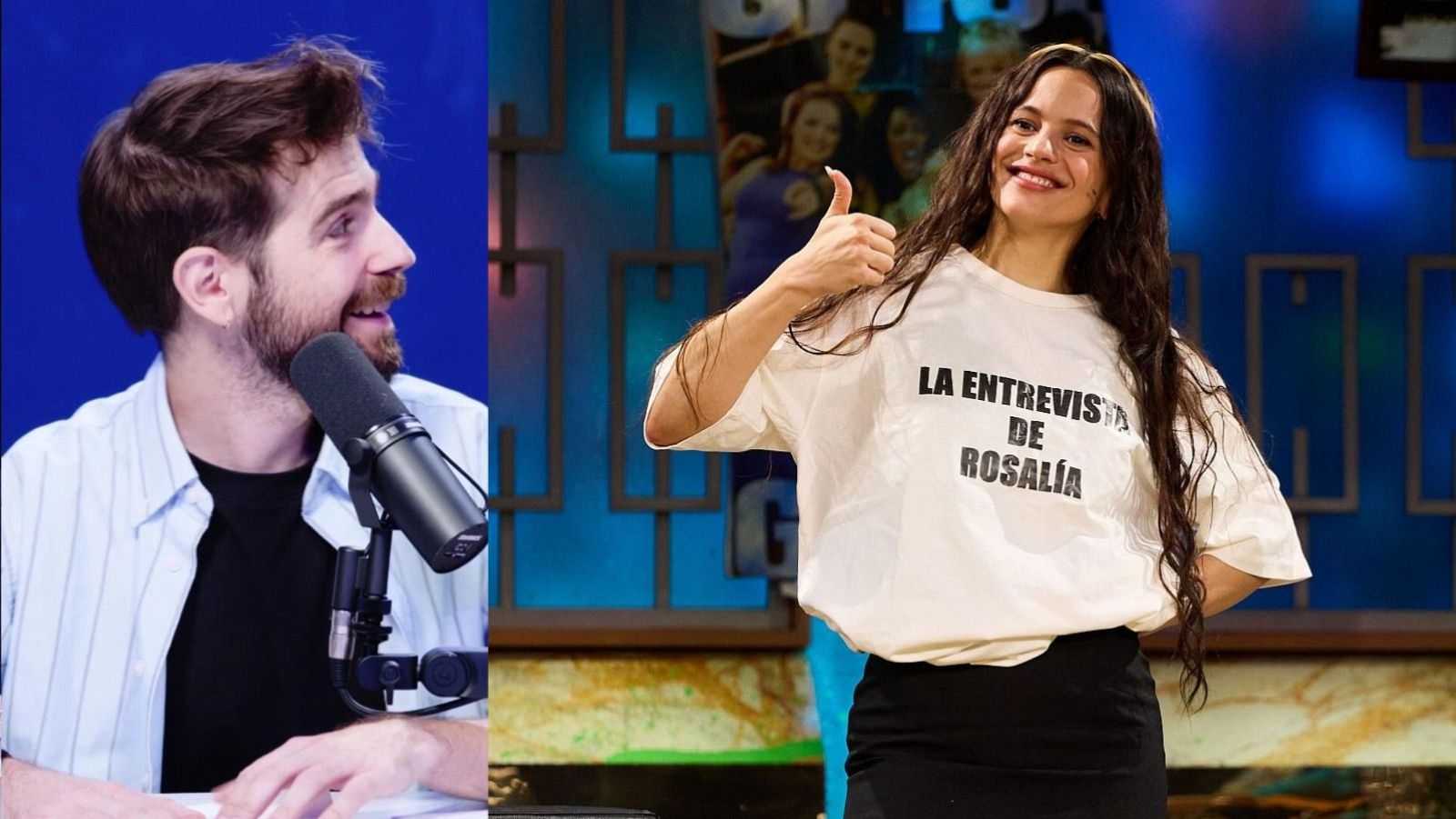 Miguel Campos y Rosalía aparecen en una imagen promocional. Miguel, con barba, está frente a un micrófono. Rosalía, sonriente, viste una camiseta con una frase y levanta el pulgar.