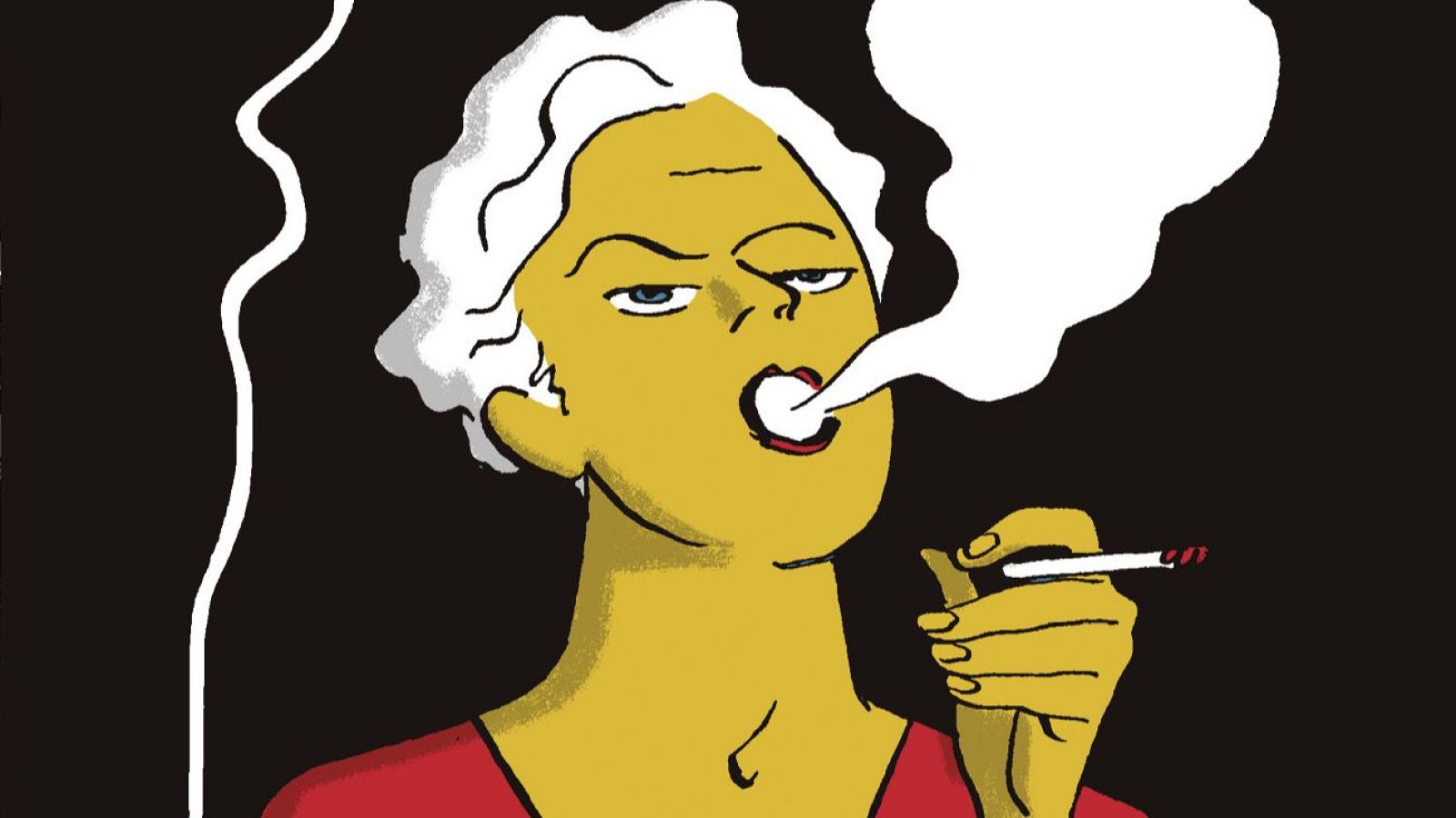 En un primer plano de un cómic, una mujer con piel amarilla y cabello blanco fuma, mostrando una expresión de desaprobación. Viste una blusa roja y sostiene otro cigarrillo encendido, con humo saliendo de su boca.