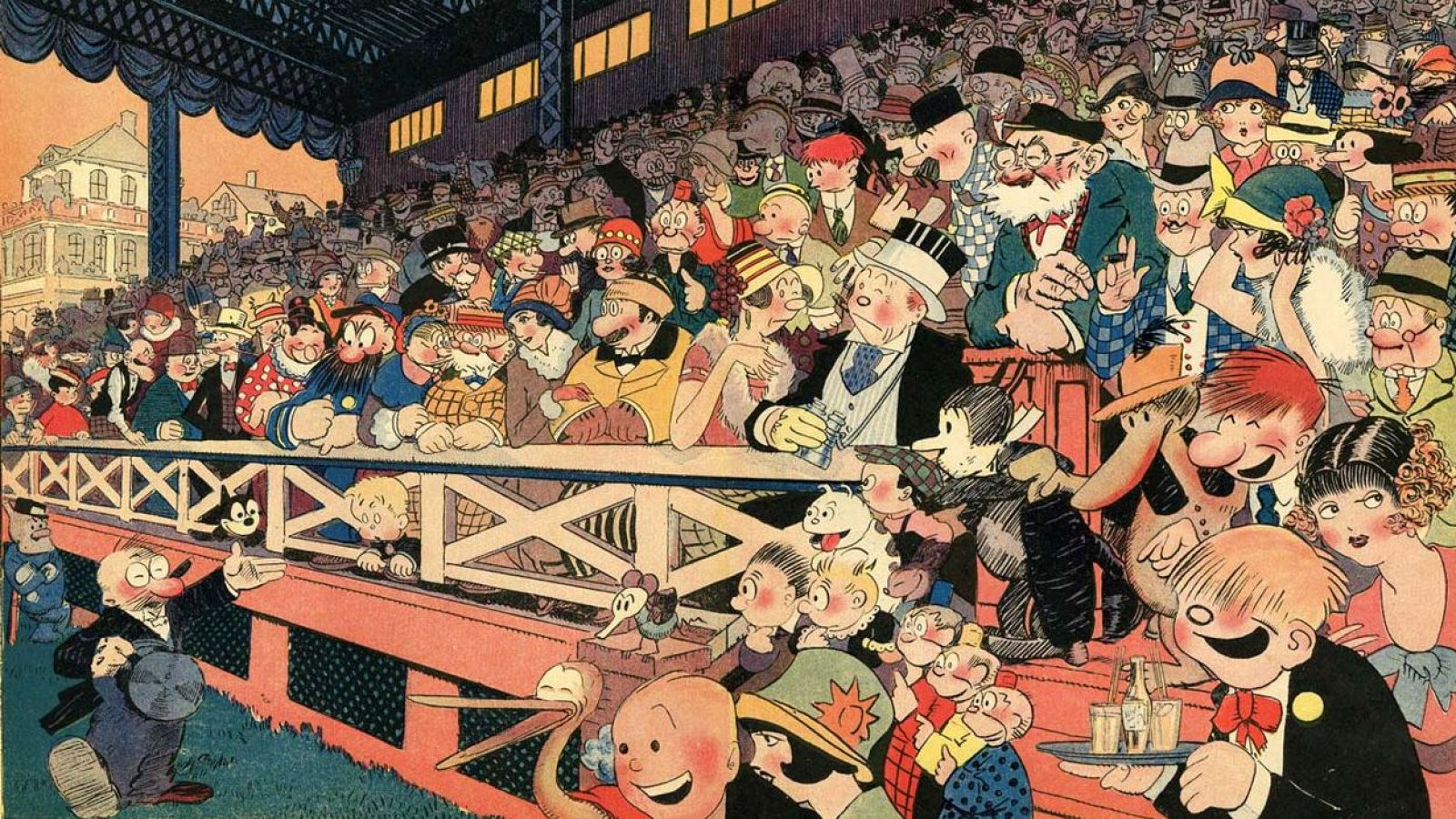 Una ilustración de 1926 de Louis Biedermann presenta una escena animada con una multitud de personajes, algunos con sombreros, en un evento. Un camarero sirve bebidas a la multitud.