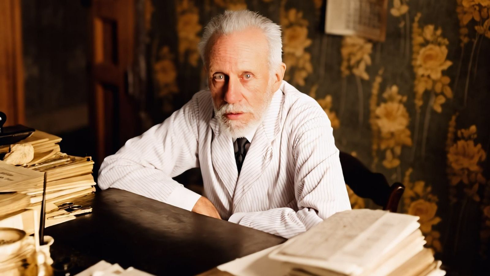 Fotografía coloreada de Pablo Iglesias Posse, con camisa a rayas y corbata oscura, sentado en un escritorio con documentos y una pluma. El fondo revela un papel tapiz con motivos florales.