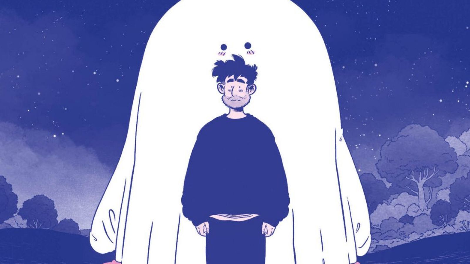 En la portada de un cómic, un hombre con barba y ropa oscura se encuentra frente a una figura fantasmal blanca con ojos negros, sobre un fondo de cielo nocturno con estrellas y vegetación azulada.