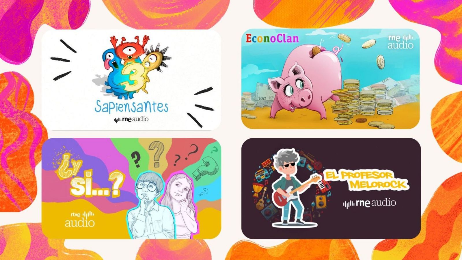 Cuatro portadas de podcasts infantiles con el logo de "rne audio" en la parte inferior. Las portadas muestran diseños variados, incluyendo personajes animados, un cerdo hucha, niños pensando y un profesor tocando la guitarra.