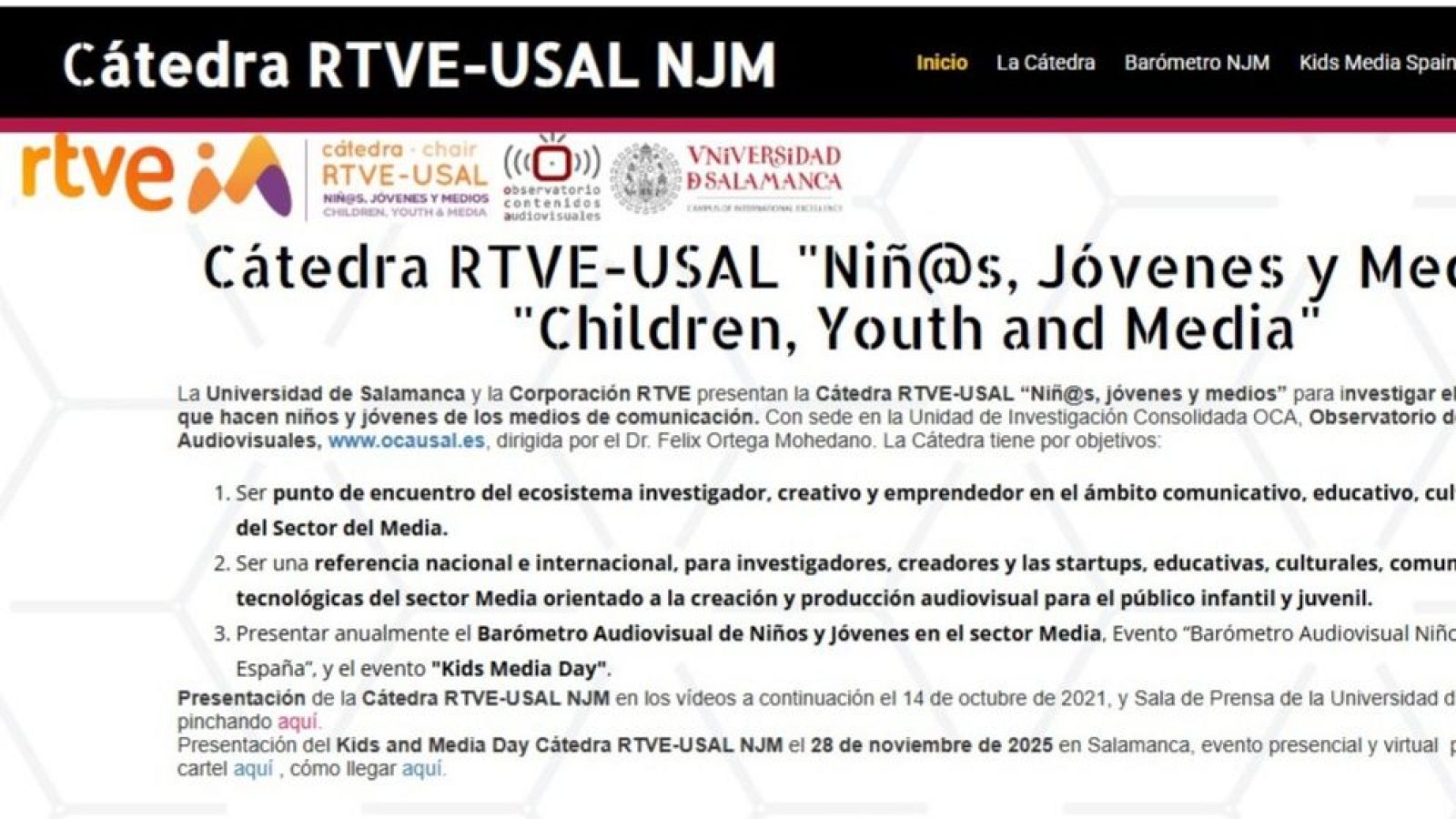 Un cartel digital promociona la Cátedra RTVE-USAL "Niñ@s, Jóvenes y Medios", destacando su enfoque en la investigación del impacto de los medios en la infancia y juventud, con el apoyo de la Universidad de Salamanca y RTVE.