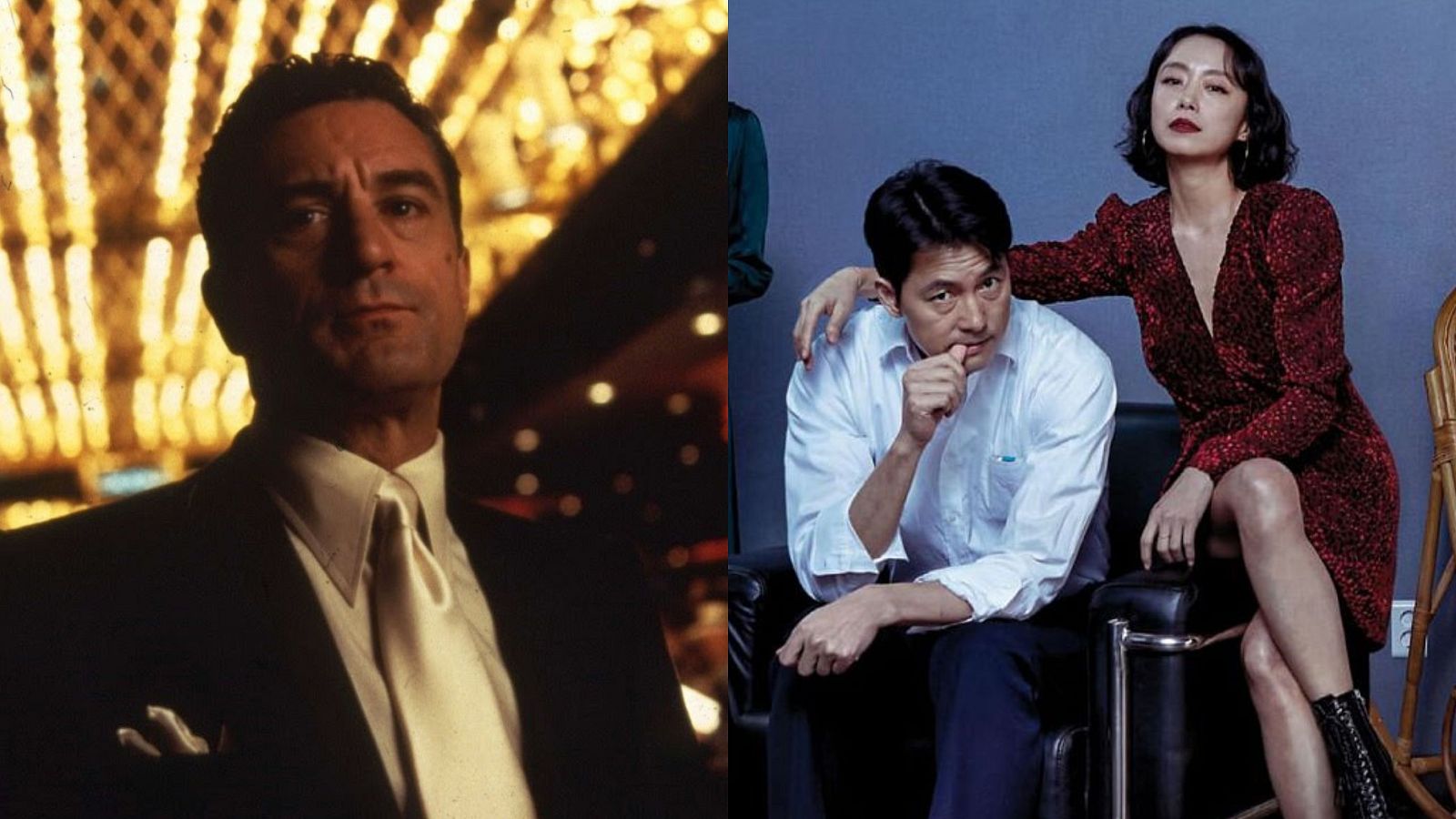 La fotografía muestra a Robert De Niro en un entorno brillante y a dos actores asiáticos en un estudio. La mujer lleva un vestido rojo y botas negras, mientras que el hombre viste de manera más formal. La imagen parece estar relacionada con la industria del entretenimiento.