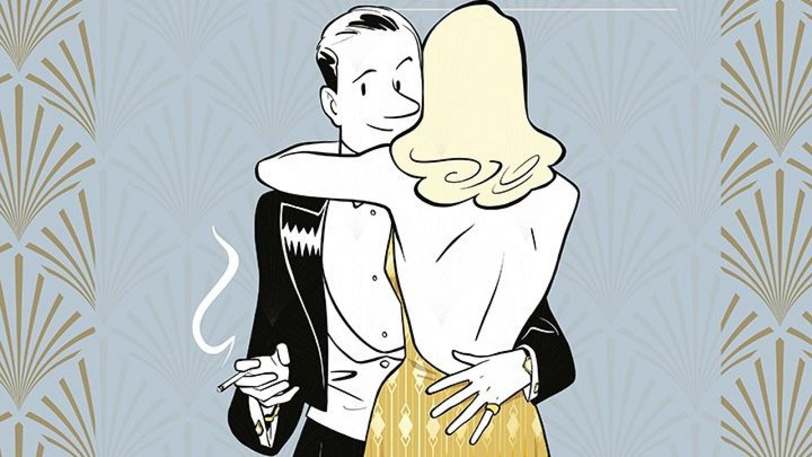 Un hombre de traje negro y una mujer con vestido dorado se abrazan en una portada de cómic, con un diseño Art Déco de fondo. El hombre fuma un cigarrillo y ambos parecen sonreír.