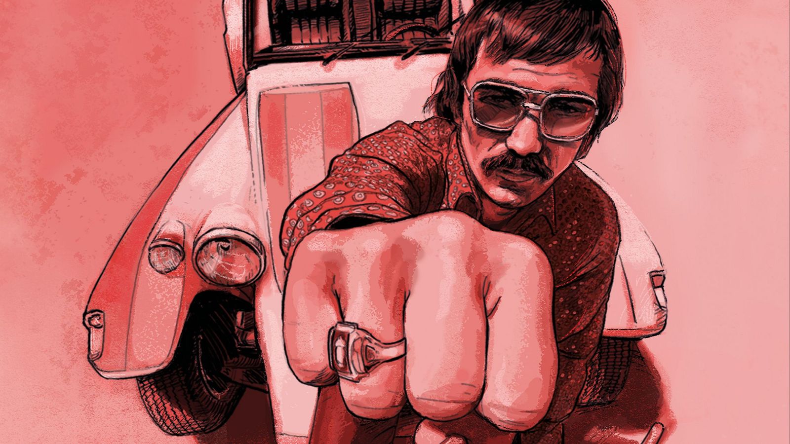 Un hombre con gafas de sol y bigote, con una camisa estampada, muestra un anillo en su mano. Detrás de él, se encuentra un coche antiguo, todo en un estilo de dibujo con tonalidades rojizas.