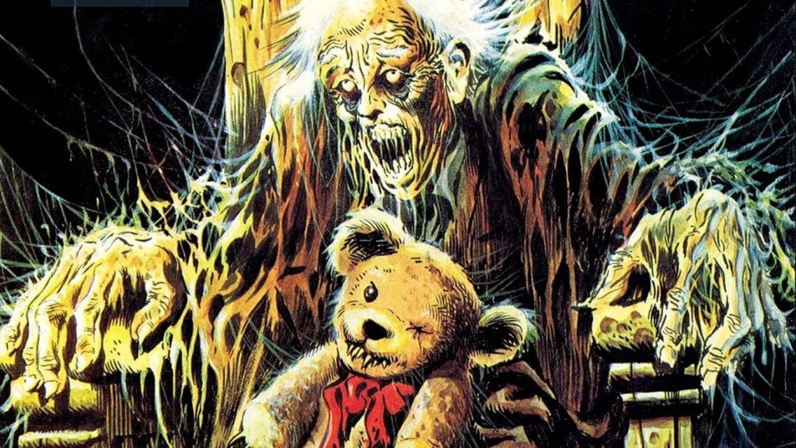Un zombi de aspecto terrorífico, con piel descompuesta y ojos hundidos, sostiene un oso de peluche en una portada de cómic. El fondo oscuro y lleno de telarañas contribuye a la atmósfera de terror.