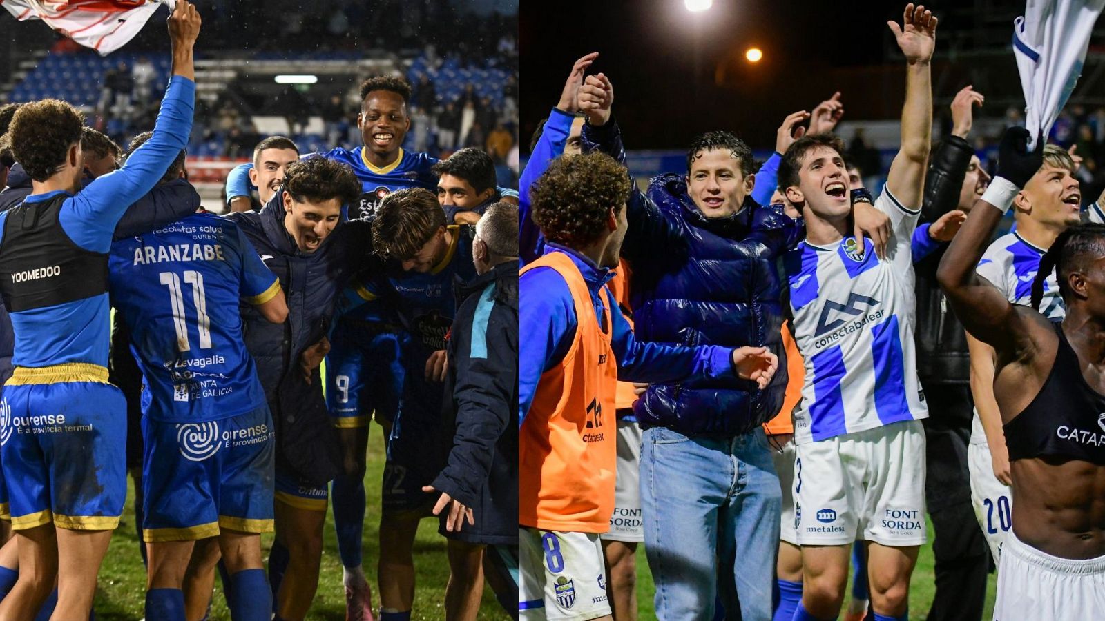 En la imagen, dos equipos de fútbol celebran su clasificación. Uno viste de azul con detalles amarillos y el otro de blanco con franjas azules, ambos con los brazos en alto y mostrando alegría.