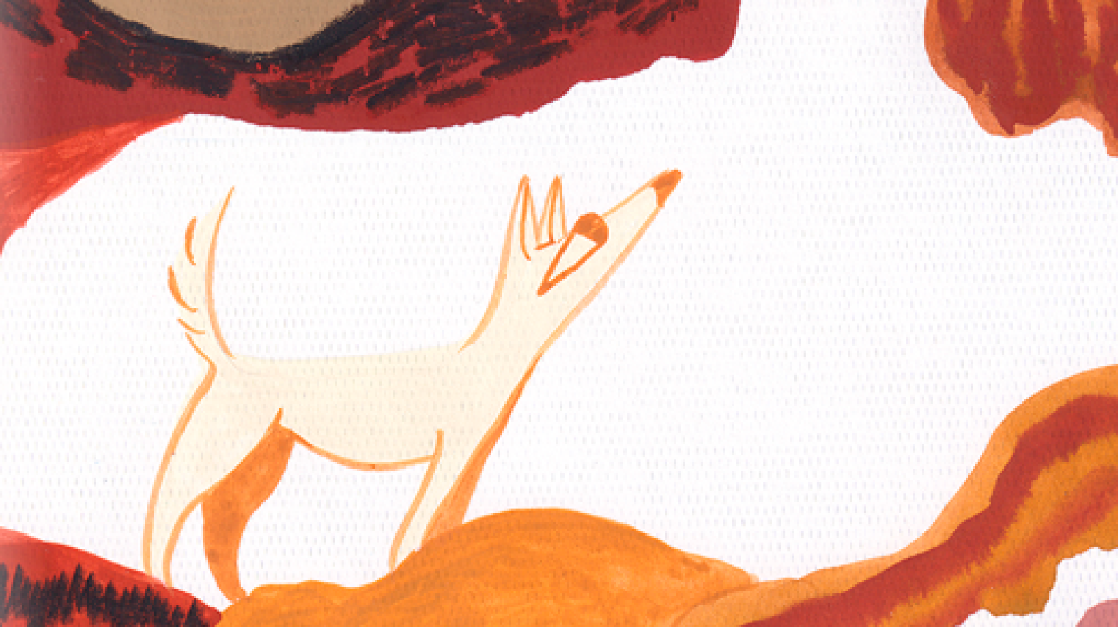 Un perro de color crema, con detalles anaranjados, alza la cabeza en una ilustración. El entorno se sugiere con manchas abstractas en tonos cálidos sobre un fondo blanco.