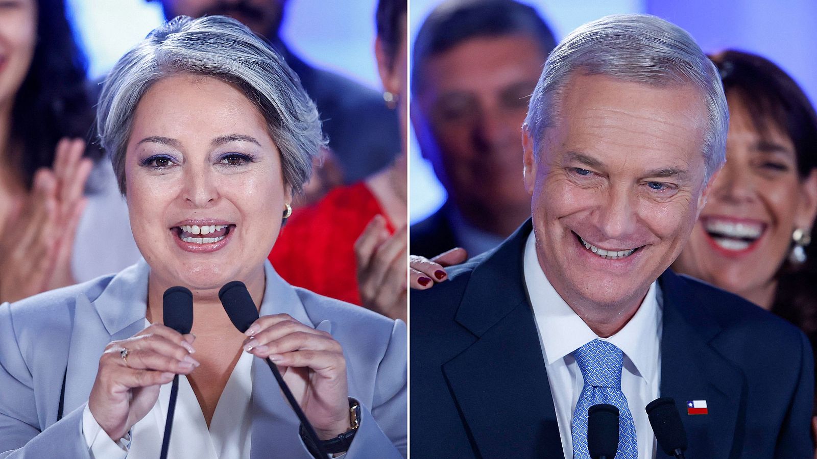 Un montaje fotográfico muestra a dos candidatos presidenciales chilenos sonriendo. Uno de ellos, con chaqueta azul claro, habla por micrófonos, mientras que el otro, con traje azul y corbata, lleva una bandera chilena en la solapa.